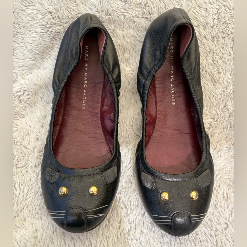 Marc by Marc Jacobs Black Ballet Flats with Gold Studs and Burgundy Insole